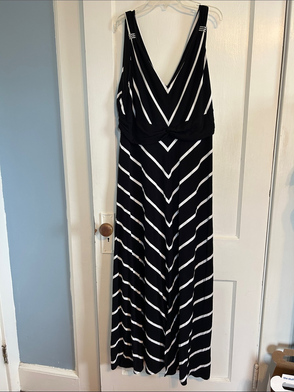 White House Black Market Maxi Dress Black White Striped V-Neck Women’s Size XL
